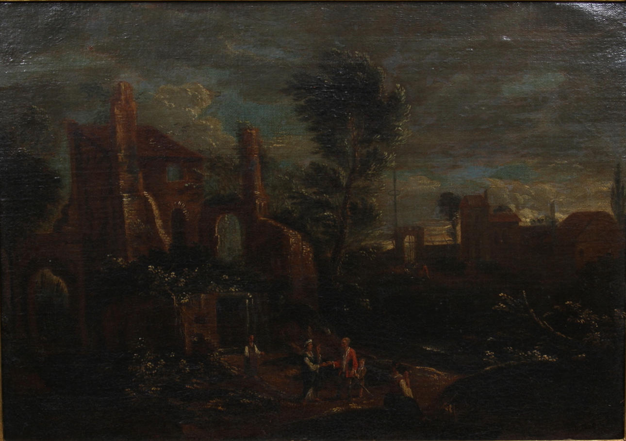 OKÄND KONSTNÄR. Pastoralt landskap med figurer och ruiner. 1700/1800-tal. Olja på duk. Osignerad.