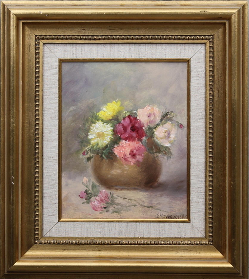 ELSE HERMANSSON. Stilleben med blommor. Olja på pannå. Signerad.