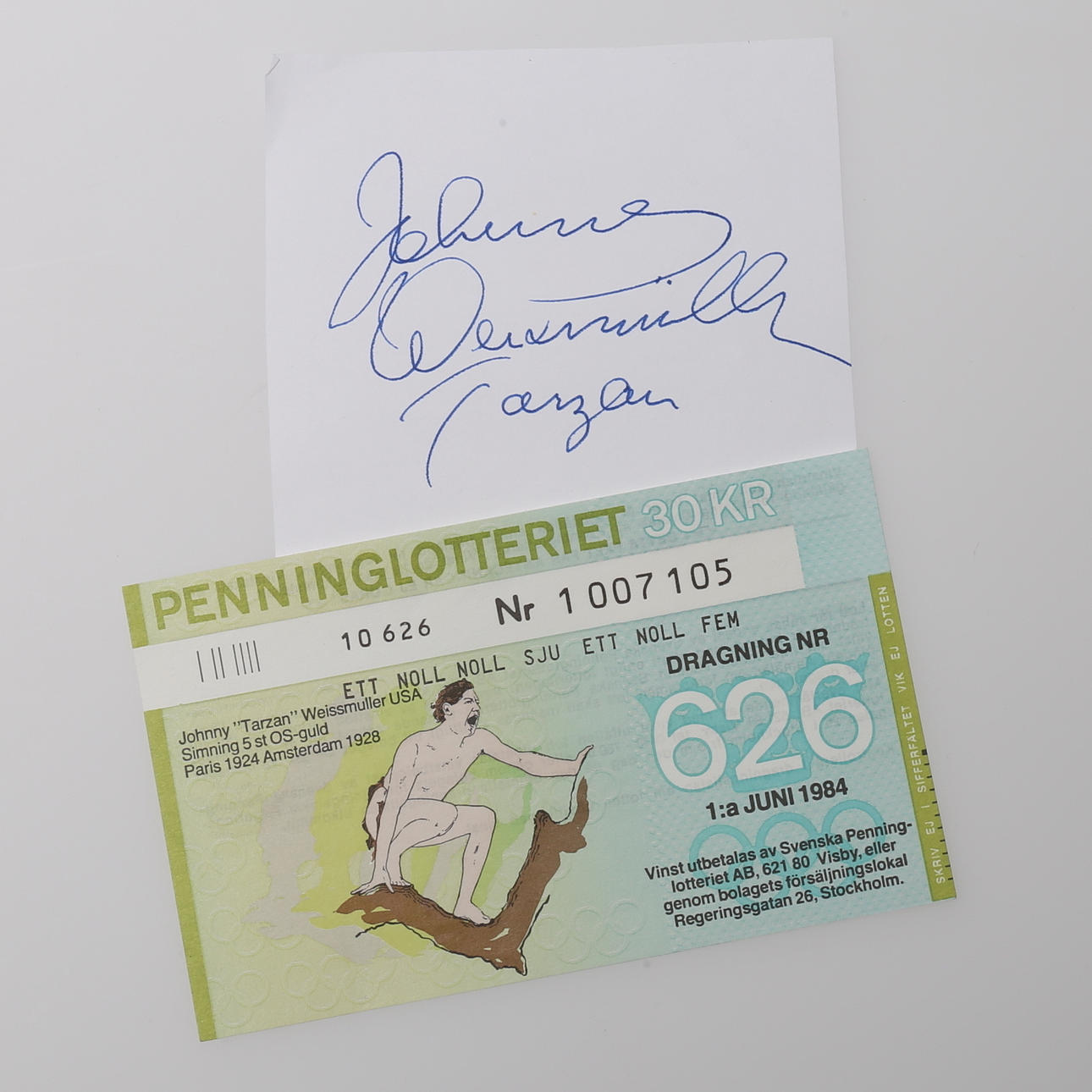 AUTOGRAMM. JOHNNY "TARZAN" WEISSMÜLLER, (1904-1984).