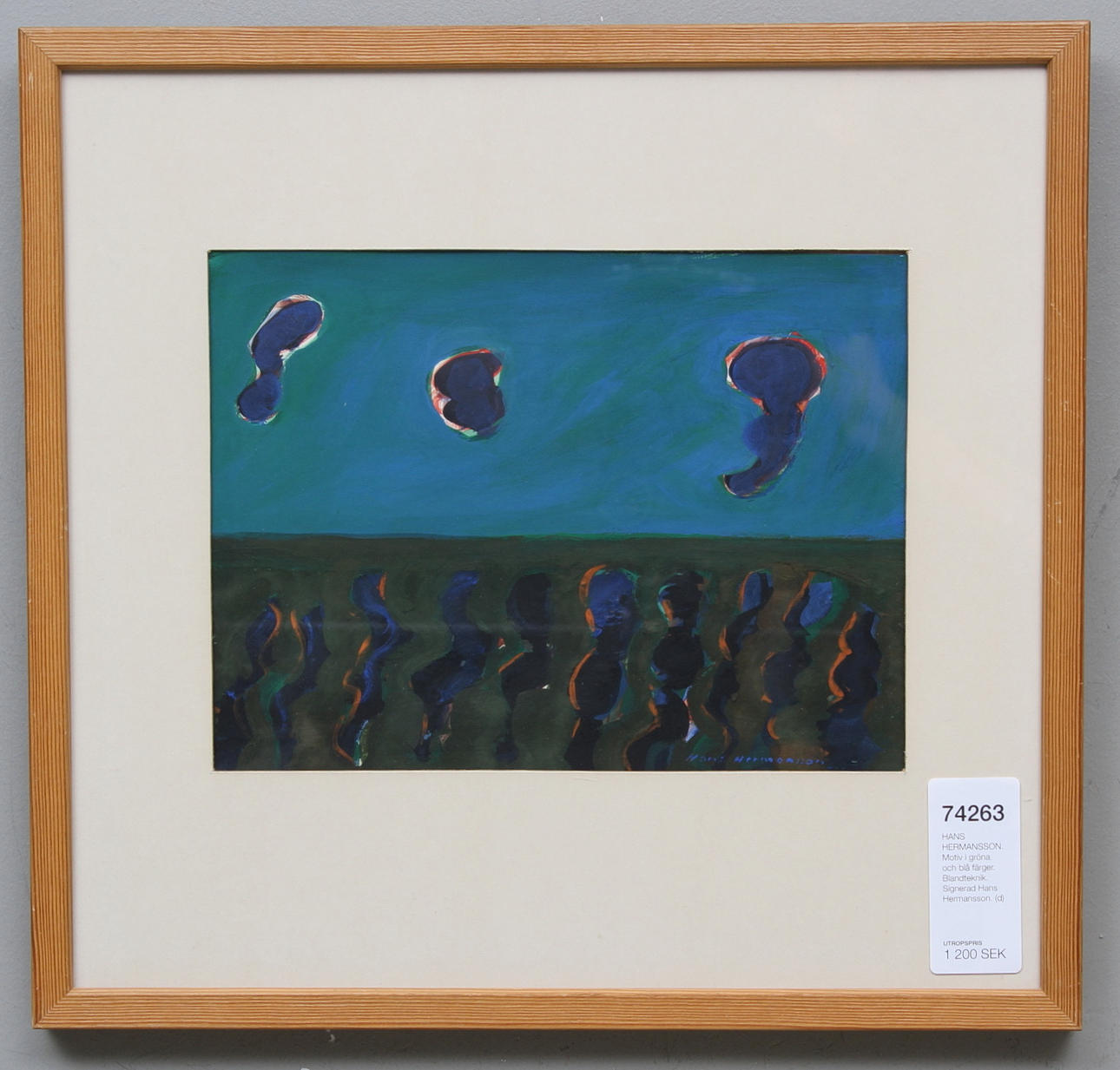 HANS HERMANSSON. Motiv i gröna och blå färger. Blandteknik. Signerad Hans Hermansson.