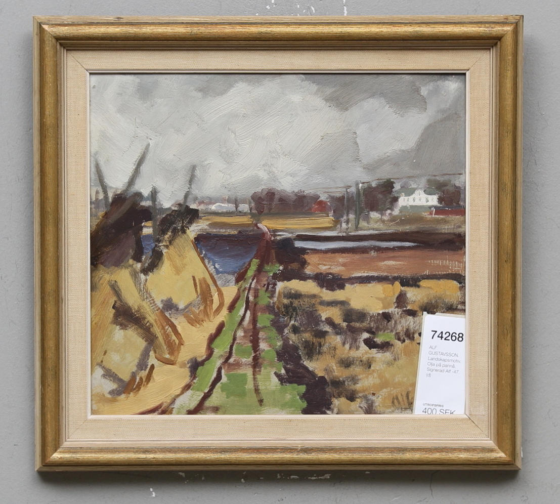 ALF GUSTAVSSON. Landskapsmotiv. Olja på pannå. Signerad Alf -47.