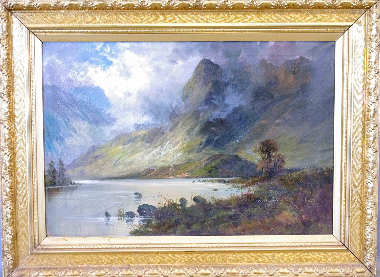 OKÄND KONSTNÄR. bergslandskap med sjö, äldre olja på duk, osignerad.