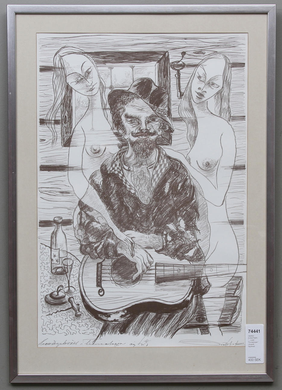 OLLE KRANTZ. "....kväll i Timmerkojan". Litografi. Signerad.
