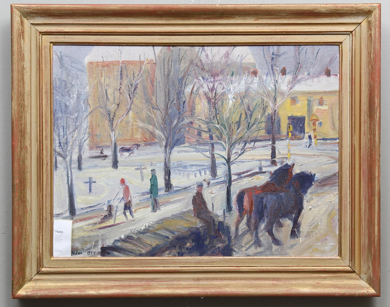 ÅKE LILJESON. Olja på pannå, stadsbild Motala, signerad Åke Liljeson och daterad 1944.