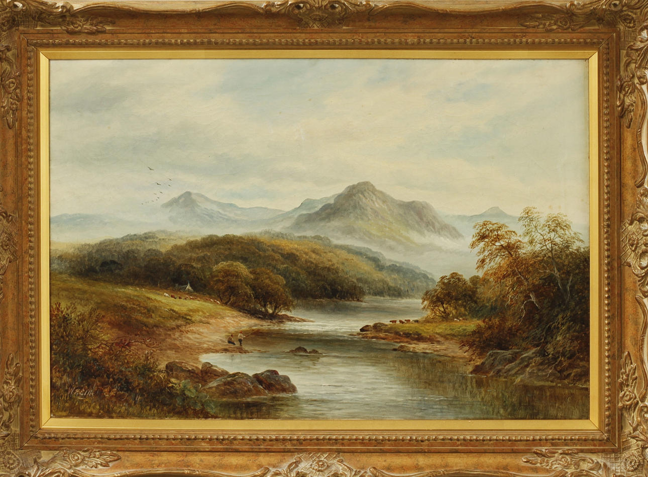 WILLIAM E ELLIS. "On the river", oil on canvas, signed.