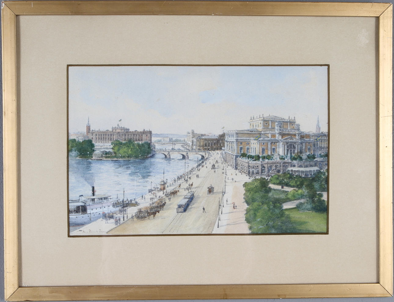 ANNA PALM DE ROSA. Motiv med vy över Operan och Riksdagen, akvarell med täckvitt, signerad.
