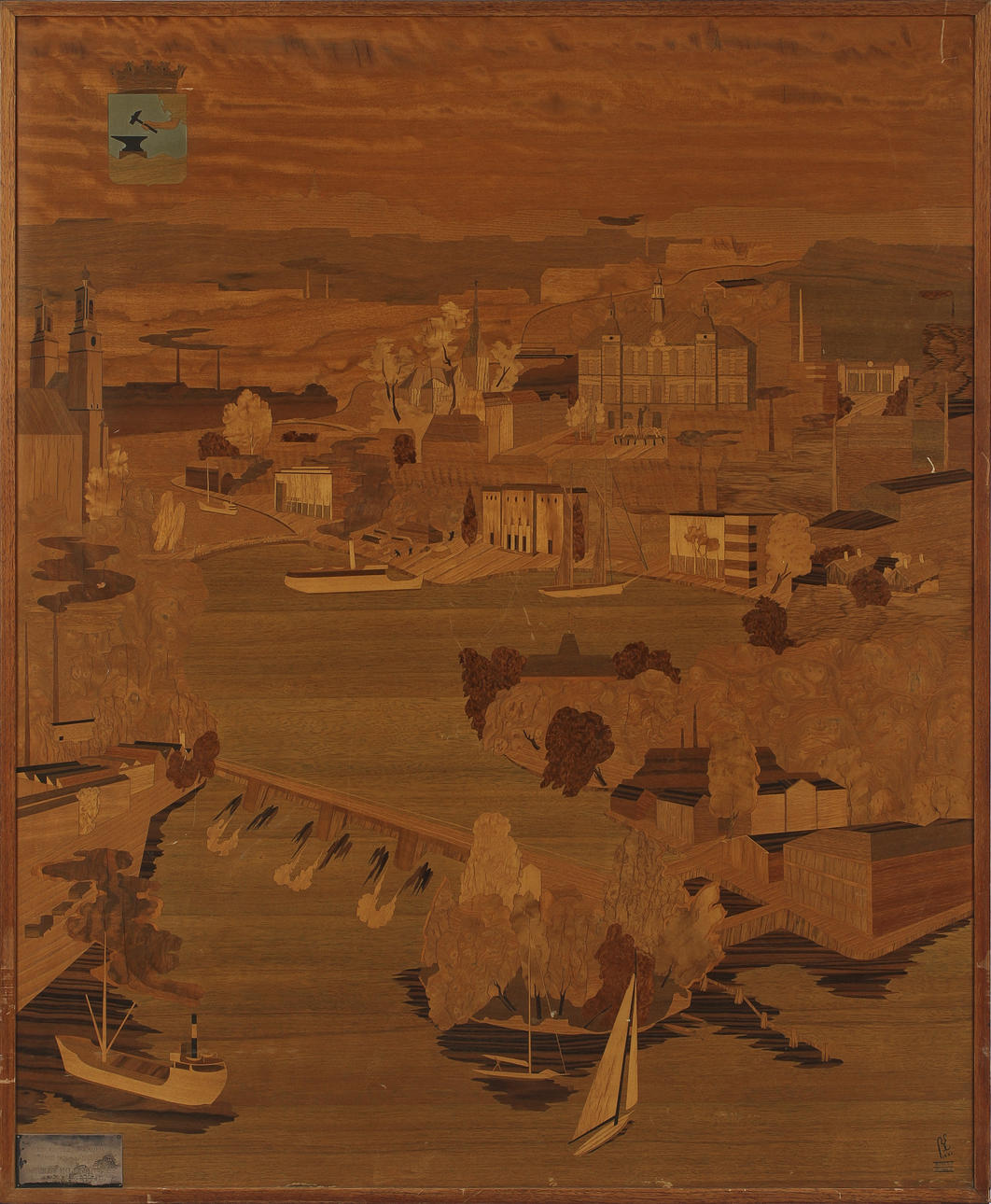 TAVLA, Birger Ekman för Mjölby Intarsia, monogramsign.