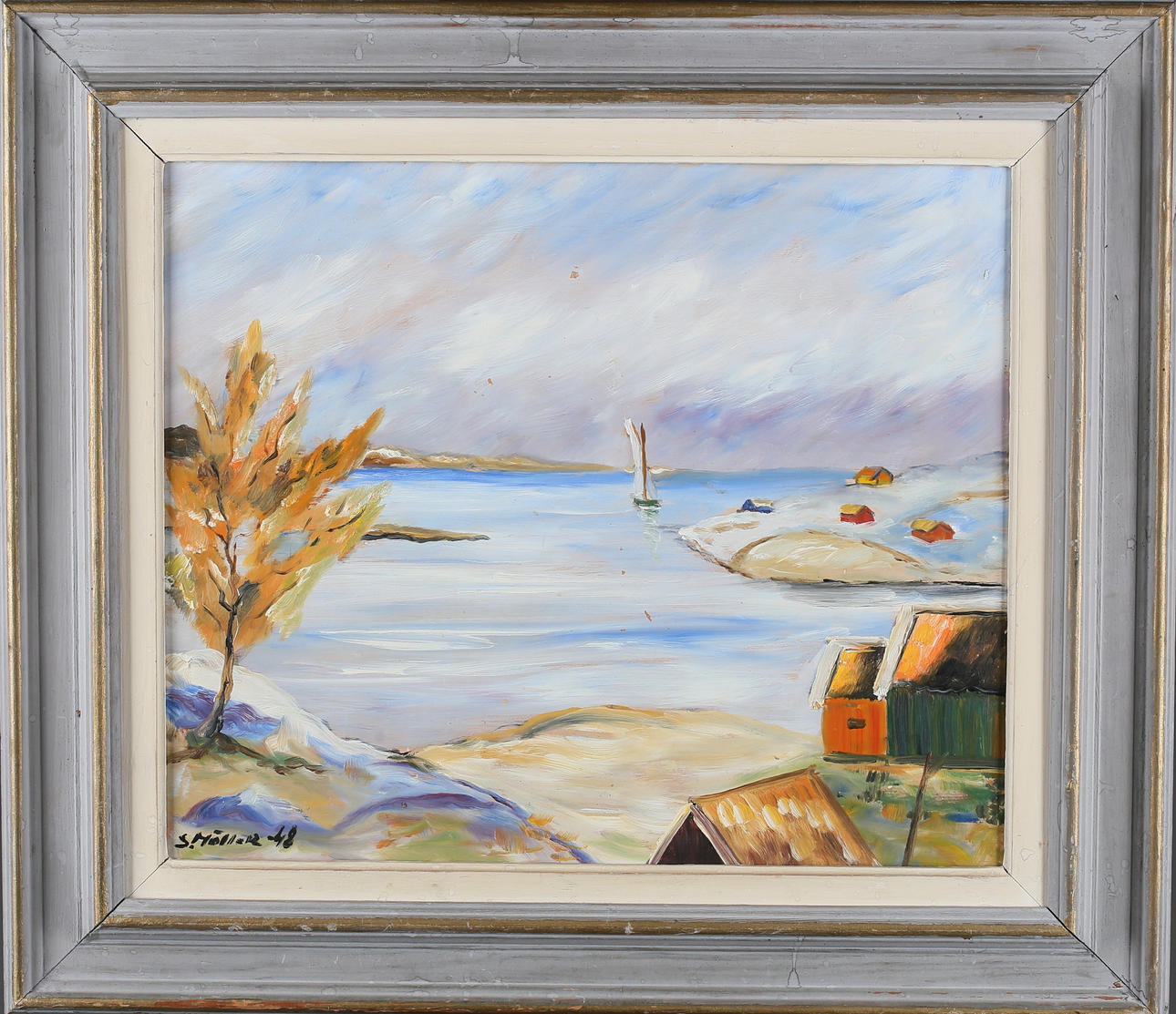 SIGURD MAGNUS MÖLLER. Coastal motif with fishing huts, oil on Board, signed and dated -48.