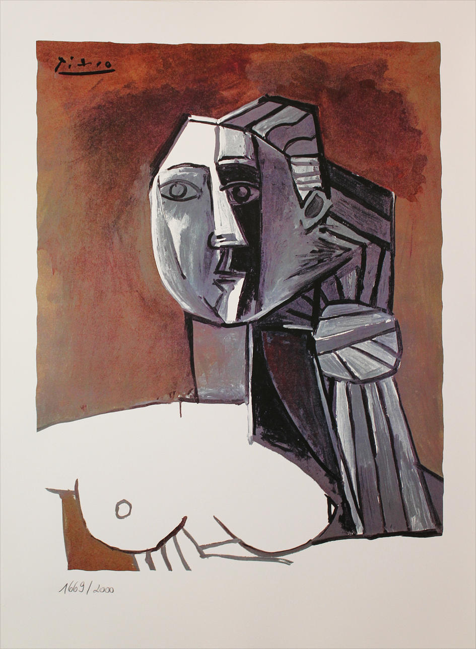 PABLO PICASSO. EFTER. Modell. Färgreproduktion. Signerad Picasso i trycket. Numrerad 1669/2000 med blyerts.