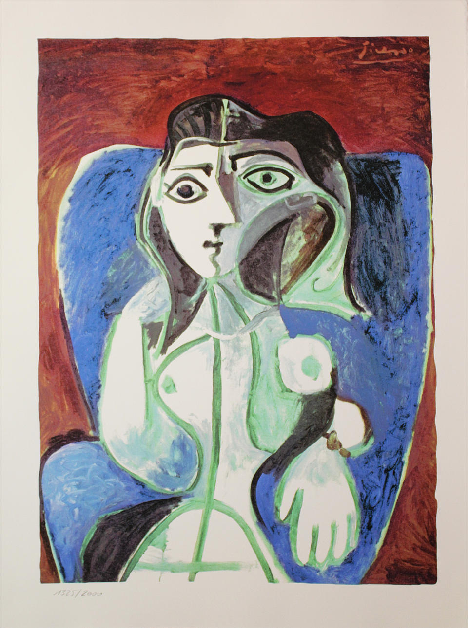 PABLO PICASSO. EFTER. Sittande modell. Färgreproduktion. Signerad Picasso i trycket. Numrerad 1325/2000 med blyerts.