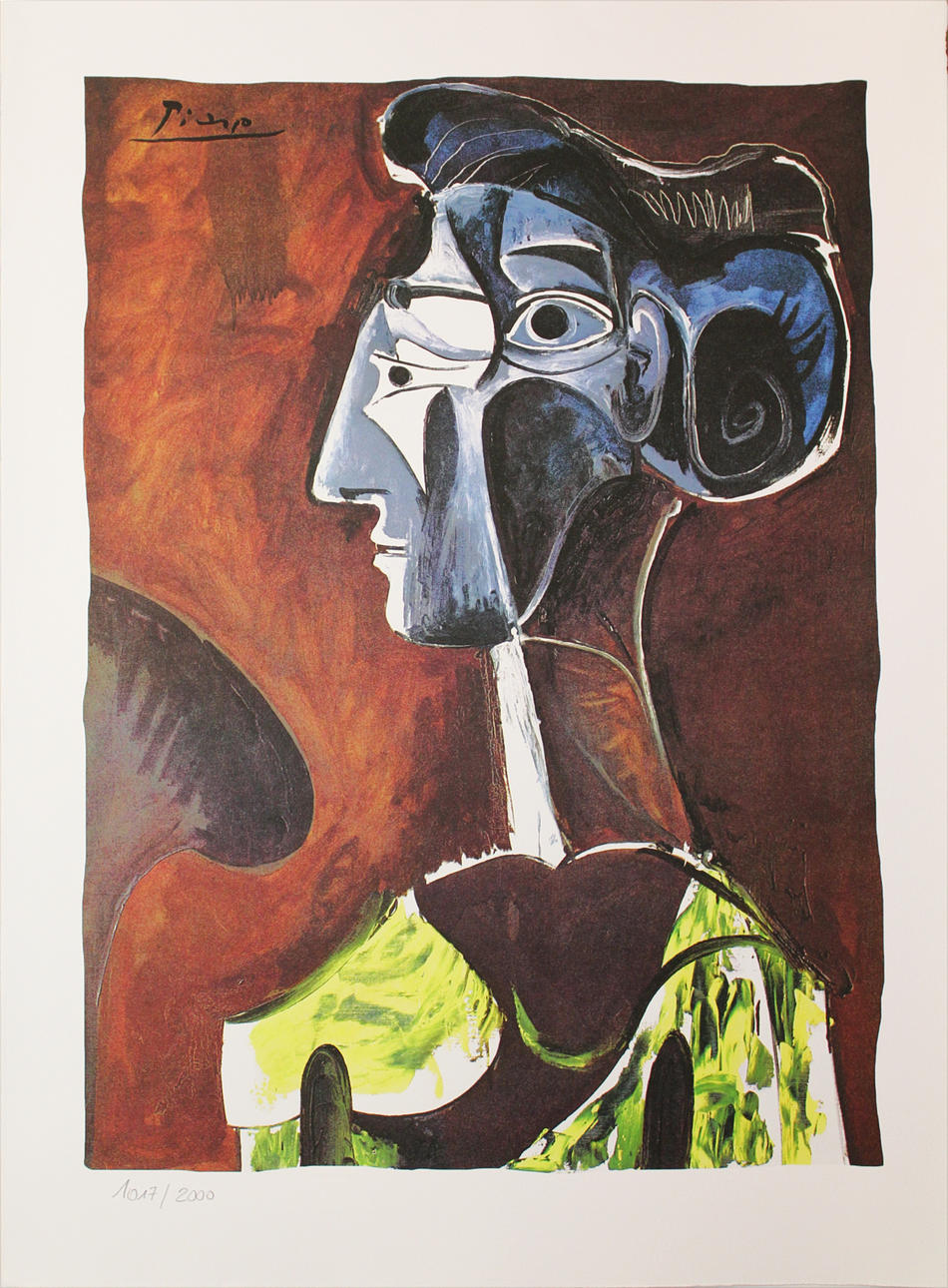 PABLO PICASSO. EFTER. Modell. Färgreproduktion. Signerad Picasso i trycket. Numrerad 1017/2000 med blyerts.