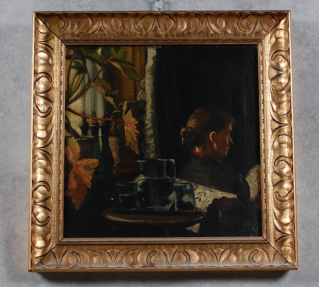 FANNY MORTENSEN. olja på duk, " Nora Mortensen i sin stue " 1800-tal.