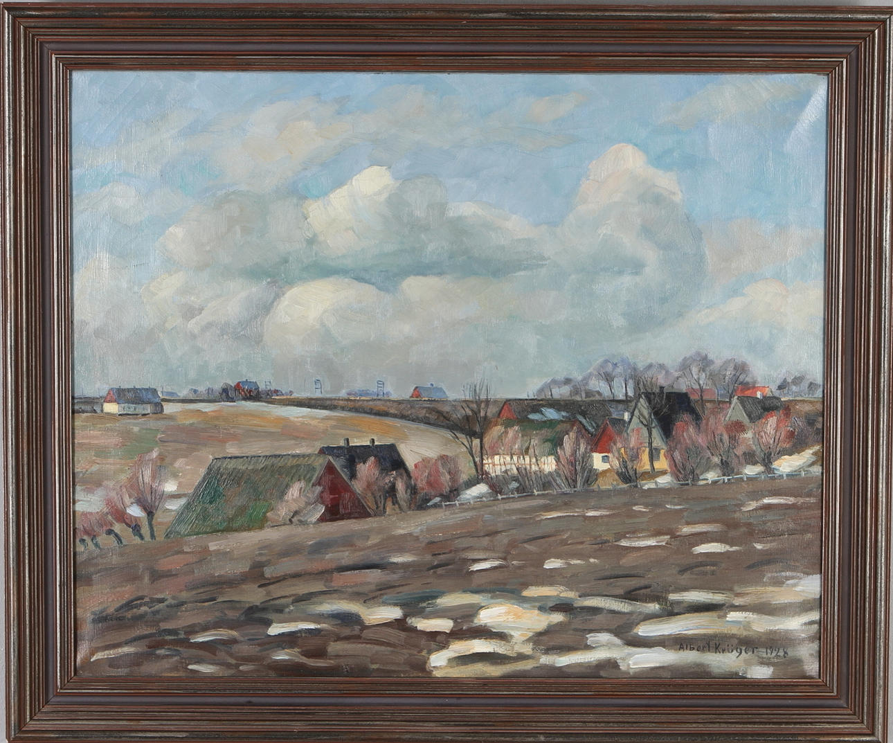 ALBERT KRÜGER. Landskap med bebyggelse, olja på duk, signerad.