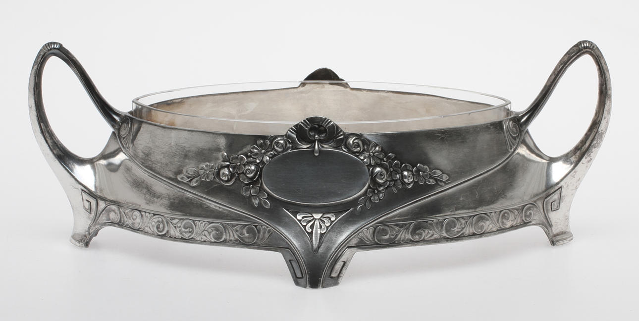 JARDINJÄR nysilver med glasinsats, jugend, tidigt 1900-tal.