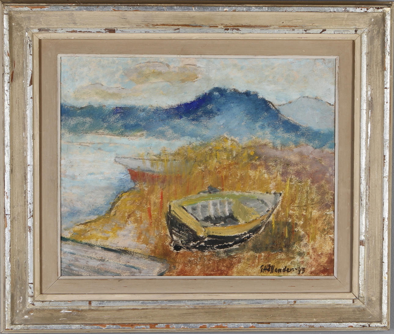 GUNNAR HÅLLANDER. Uppdragen båt, olja på pannå, signerad och daterad -43.