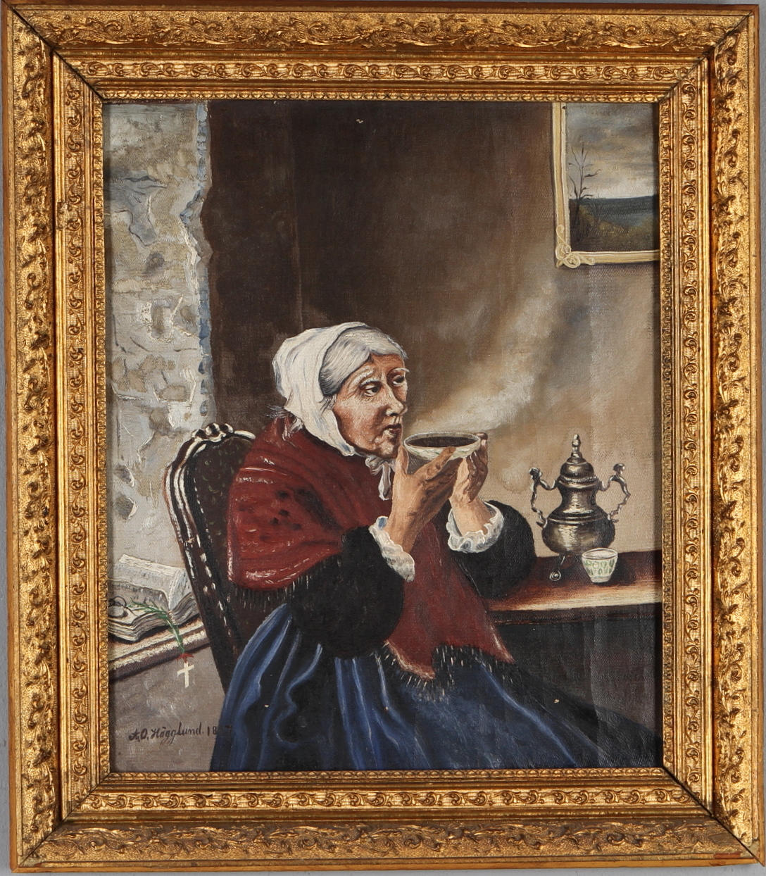 OKÄND KONSTNÄR. Kaffedrickande kvinna, olja på duk, signerad och daterad A.O Hägglund 1887.