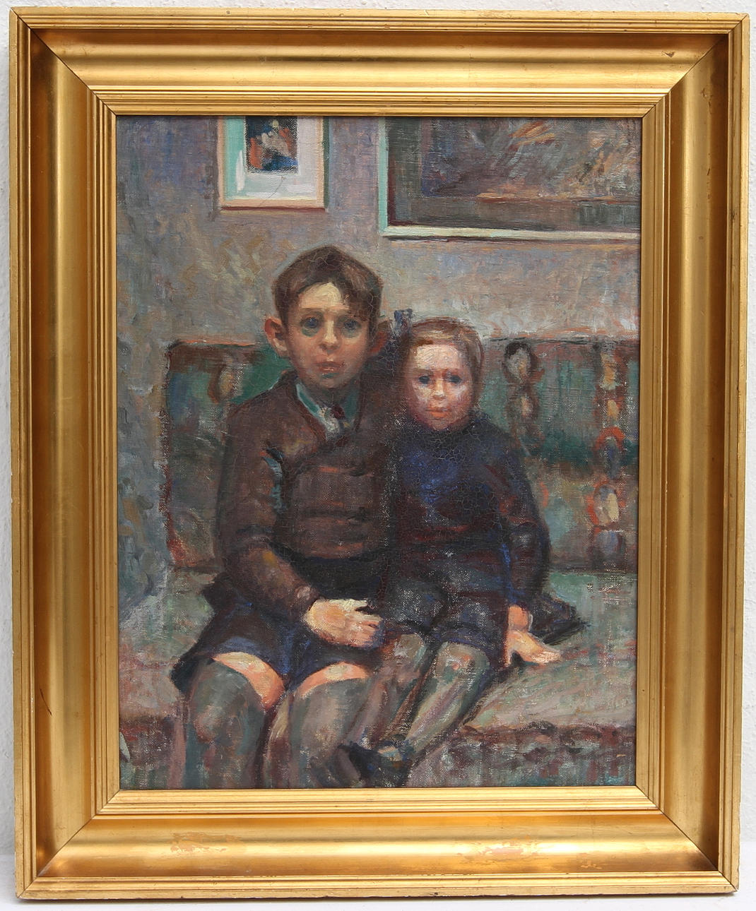 OKÄND KONSTNÄR. Olja på pannå, "Pelle Åberg styckmästare Olsons ungar".