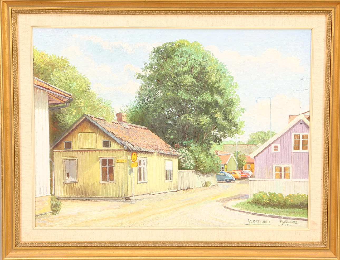 OIDENTIFIERAD KONSTNÄR. oil canvas, signed Westlund 1977 Falköping, "old town in Falköping".