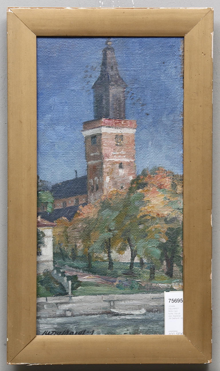 JOHAN DIELHARDT. Motiv med kyrka. Olja på duk. Signerad JW Dielhardt.