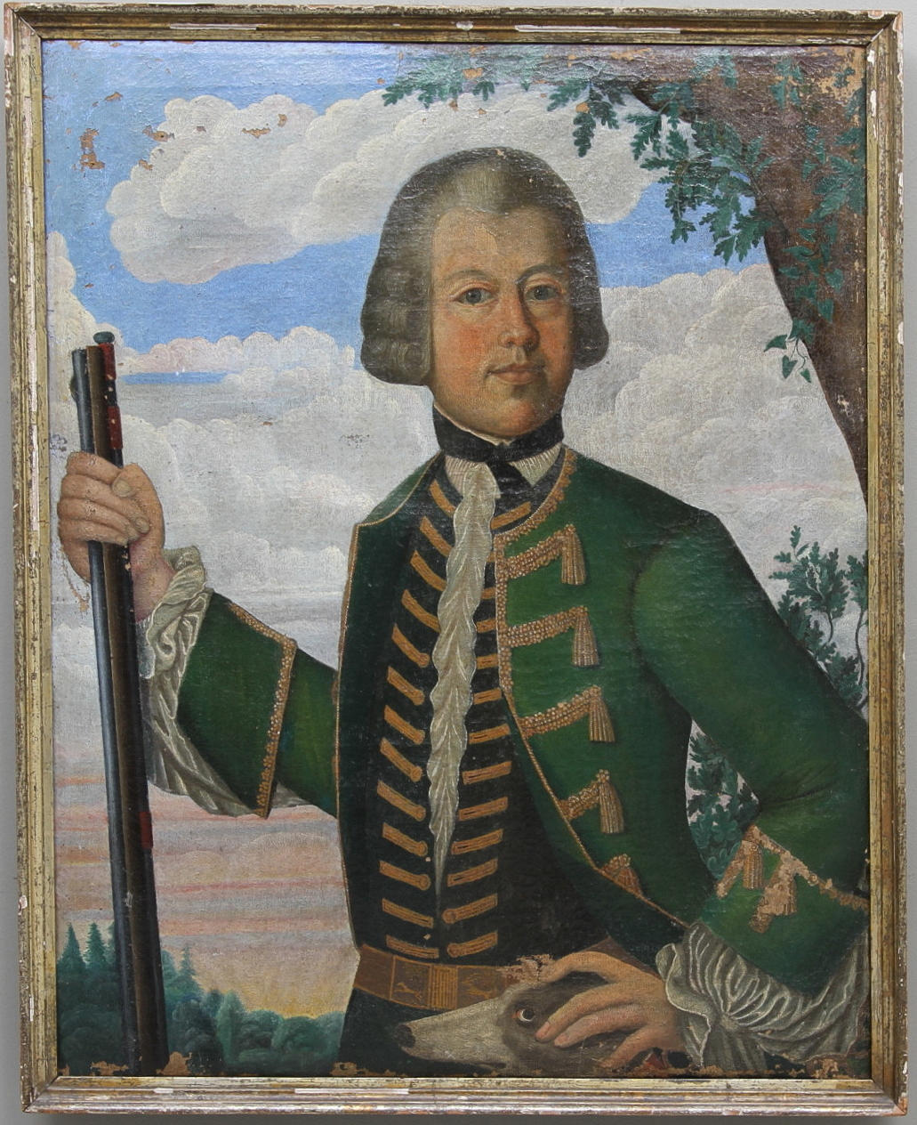 OKÄND KONSTNÄR. Olja på duk, "Jaktporträtt av ung adelsman", 1700 tal.