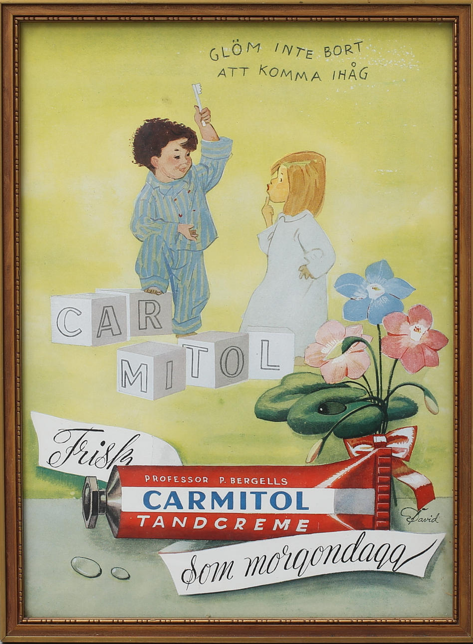 ADVERTISING SIGN, hardboard, Carmitol toothpaste, 1950s.
