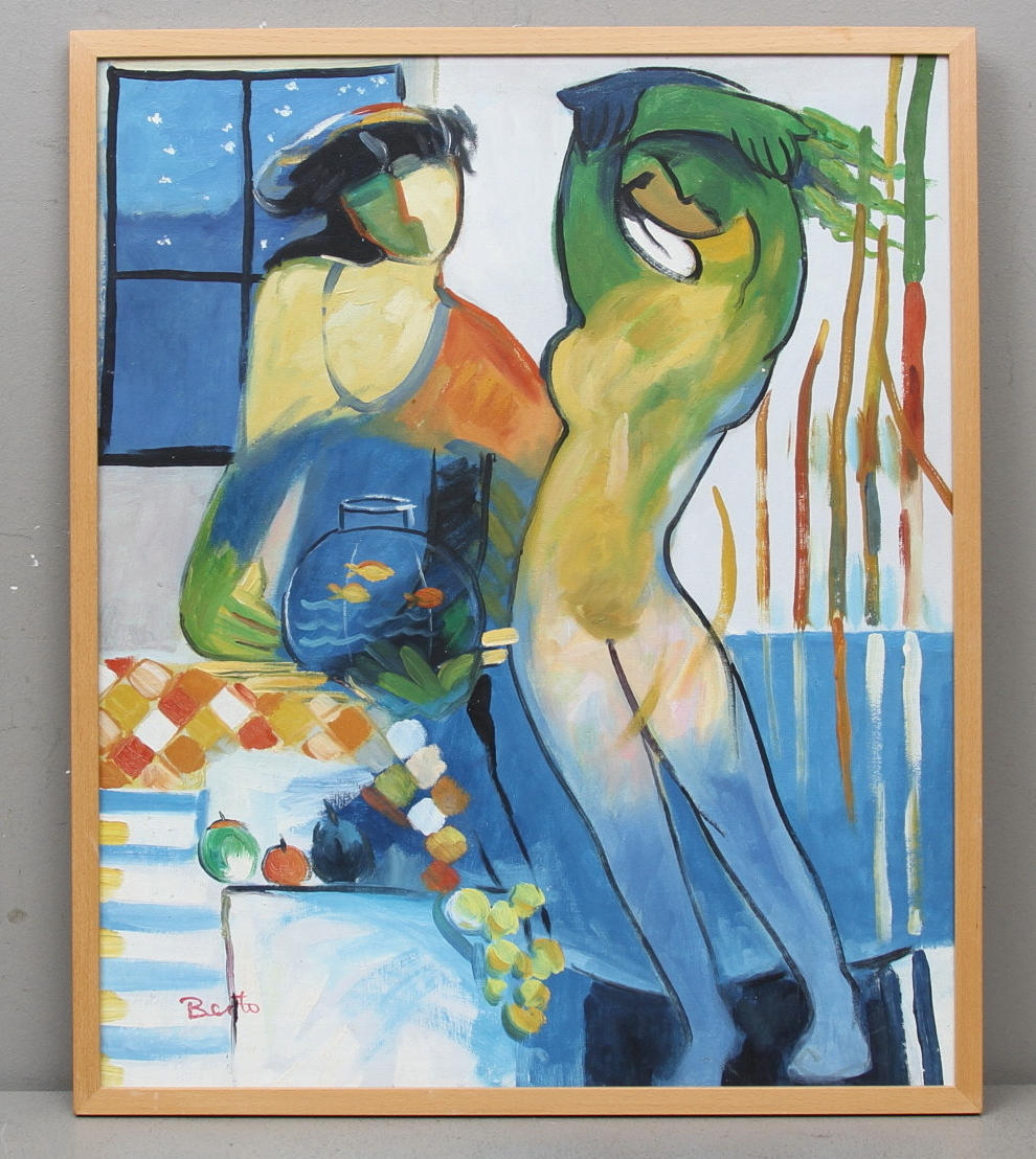 SPANSK KONSTNÄR. Interiör med kvinnor, guldfiskar och frukter. Olja på duk. Signerad Berto.