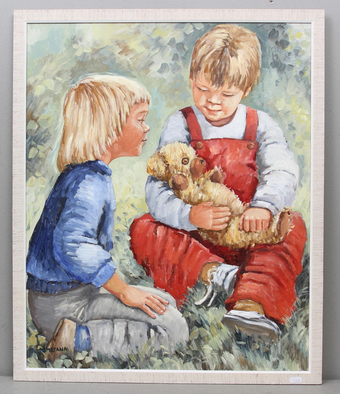 MONICA SMETANA. Barn med nalle. Olja på duk. Signerad M.Smetana.