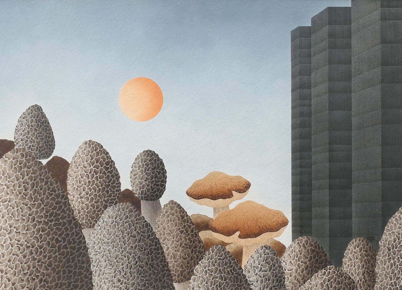 ANDERS SOLFORS. Surreal motif with mushrooms. Mixed media, signed and dated -77.