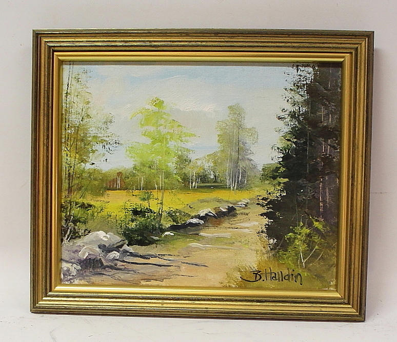 BROR HALLDIN. Olja på duk, skogsvy, sig.