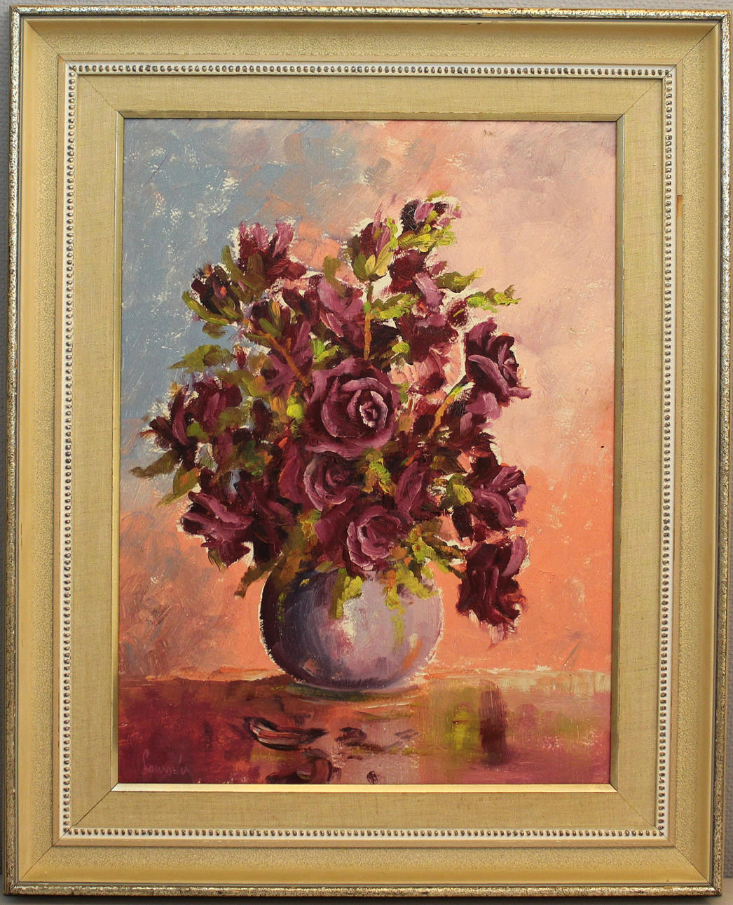 Oljemålning, Stilleben med rosor, oljemålning på plywoodpannå, okänd konstnär, signerad.