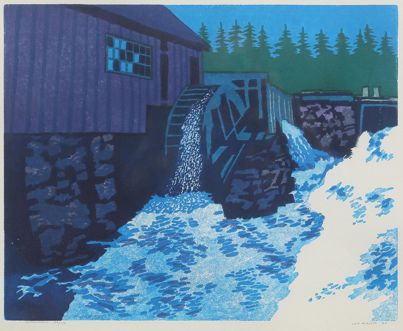 LEIF PERSSON. "Watermill". Color lithograph, signed, numbered 109/150, dated 77.