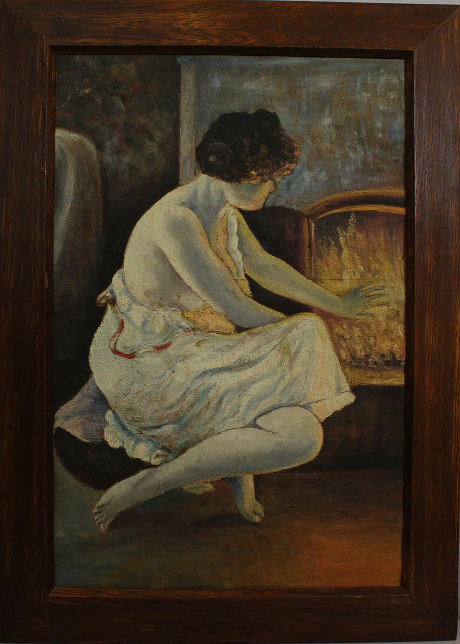 OKÄND KONSTNÄR. Sittande kvinna vid elden. Olja på duk. Osignerad.