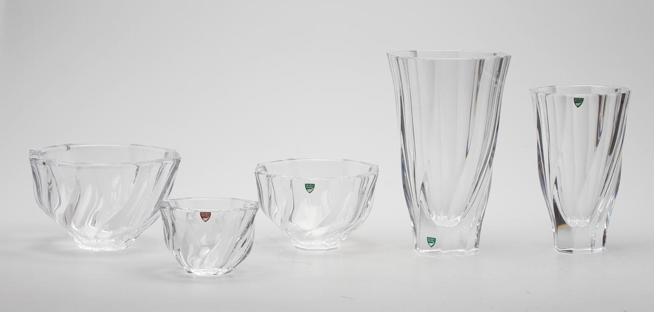 SKÅLAR och VASER, 5 delar, glas, "Residence", Olle Alberius, Orrefors.