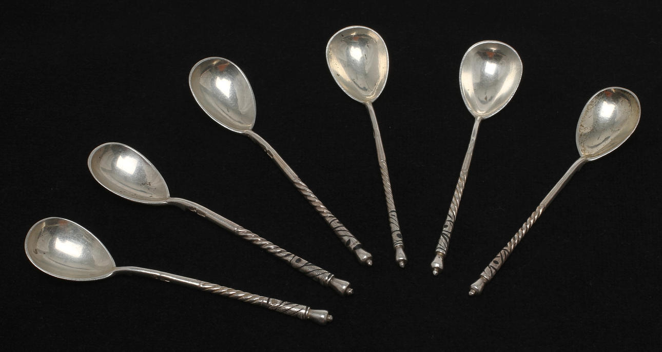 SKEDAR, 6 st, silver med niello, stämplade Kiev, 1900-tal. Vikt 74 gram.