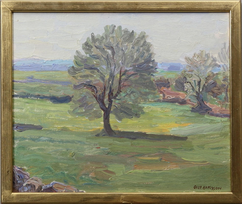 OLLE AXELSSON. Landskap med träd. Olja på pånnå. Signerad.