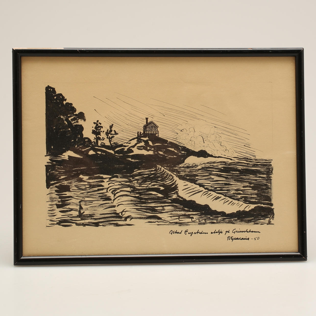 Unknown artist, Ink drawing, "Albert Engström studio at Grisslehamn", signed.
