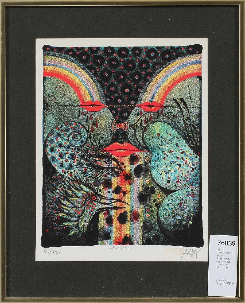 ARDY STRÜWER. "3 kisses" Färglitografi, signerad och numrerad 48/100.