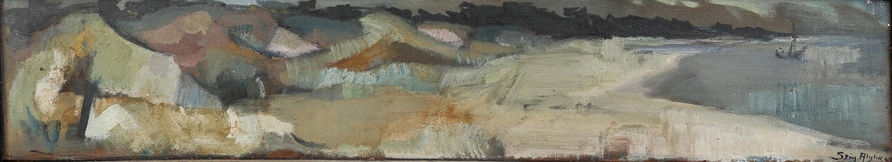 STIG ALYHR. Vik med båt, olja på pannå sign & dat 65.