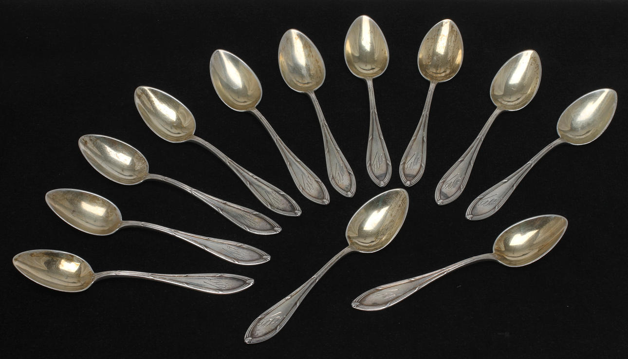 KAFFESKEDAR, 12 st, silver, stmpl SP, 1909. Tot vikt 148 gram.