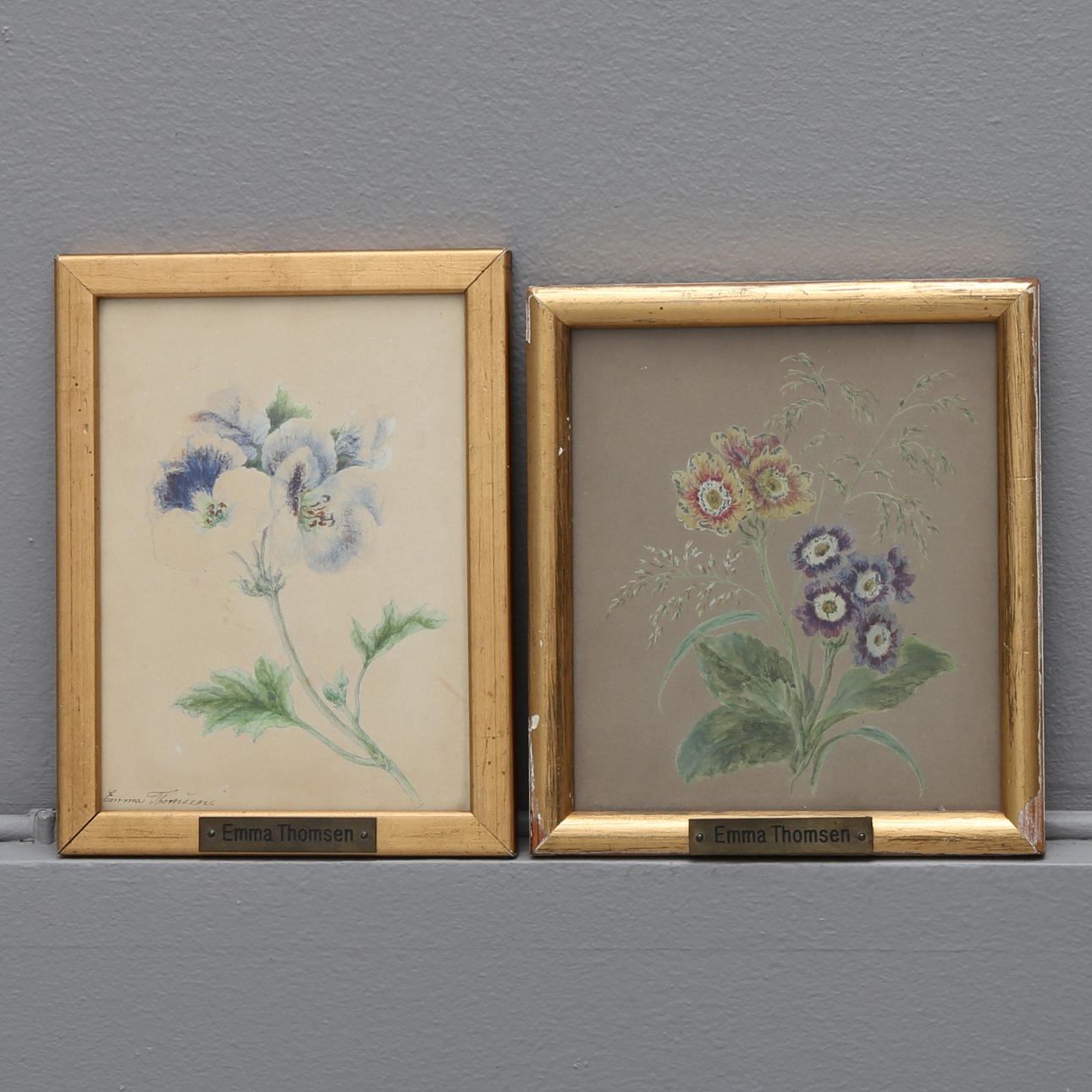 EMMA THOMSEN, 2 st, blomsterstudier, signerade akvareller.
