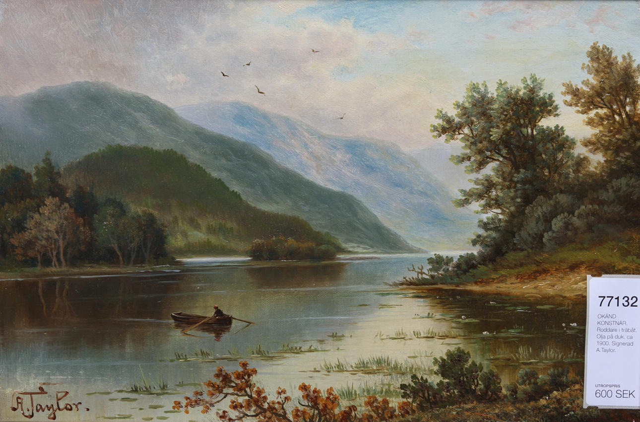 OKÄND KONSTNÄR. Roddare i träbåt. Olja på duk. ca 1900. Signerad A.Taylor.