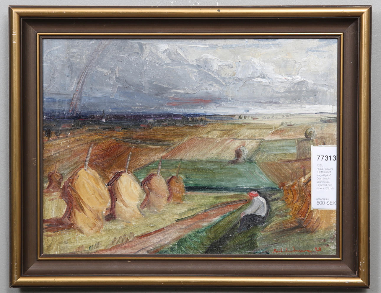 AXEL ANDERSSON. "Slätten mot Kaga Kyrka". Olja på duk, uppklistrad. Signerad och daterad 28.