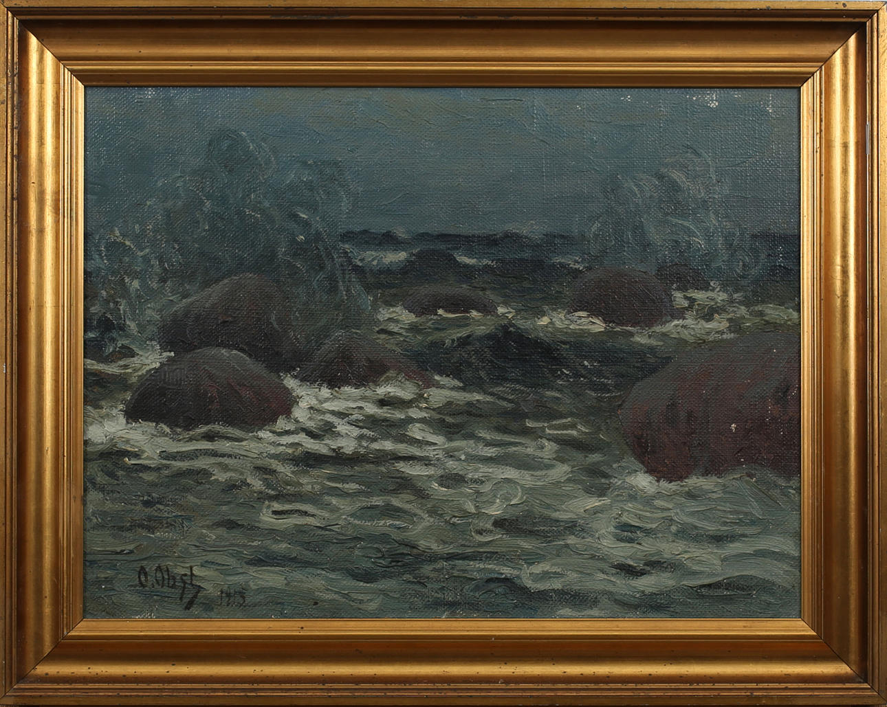 OSCAR OBST. Oljemålning, Bränningar vid klippor, signerad O. Obst 1915.