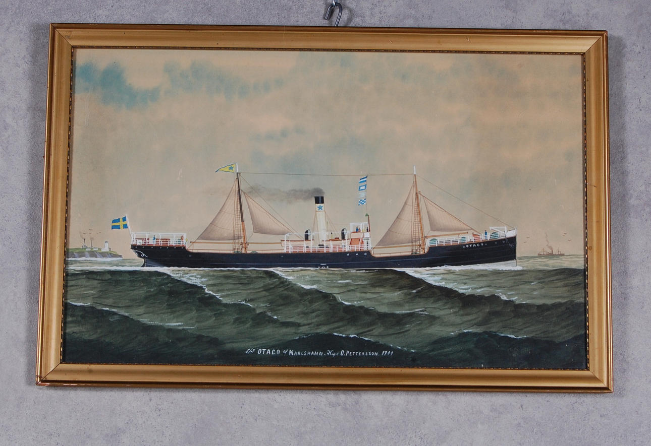 FARTYGSPROTRÄTT, gouache, akvarell, " S/S OTAGO af Karlshamn, Kapten O. Pettersson 1911.