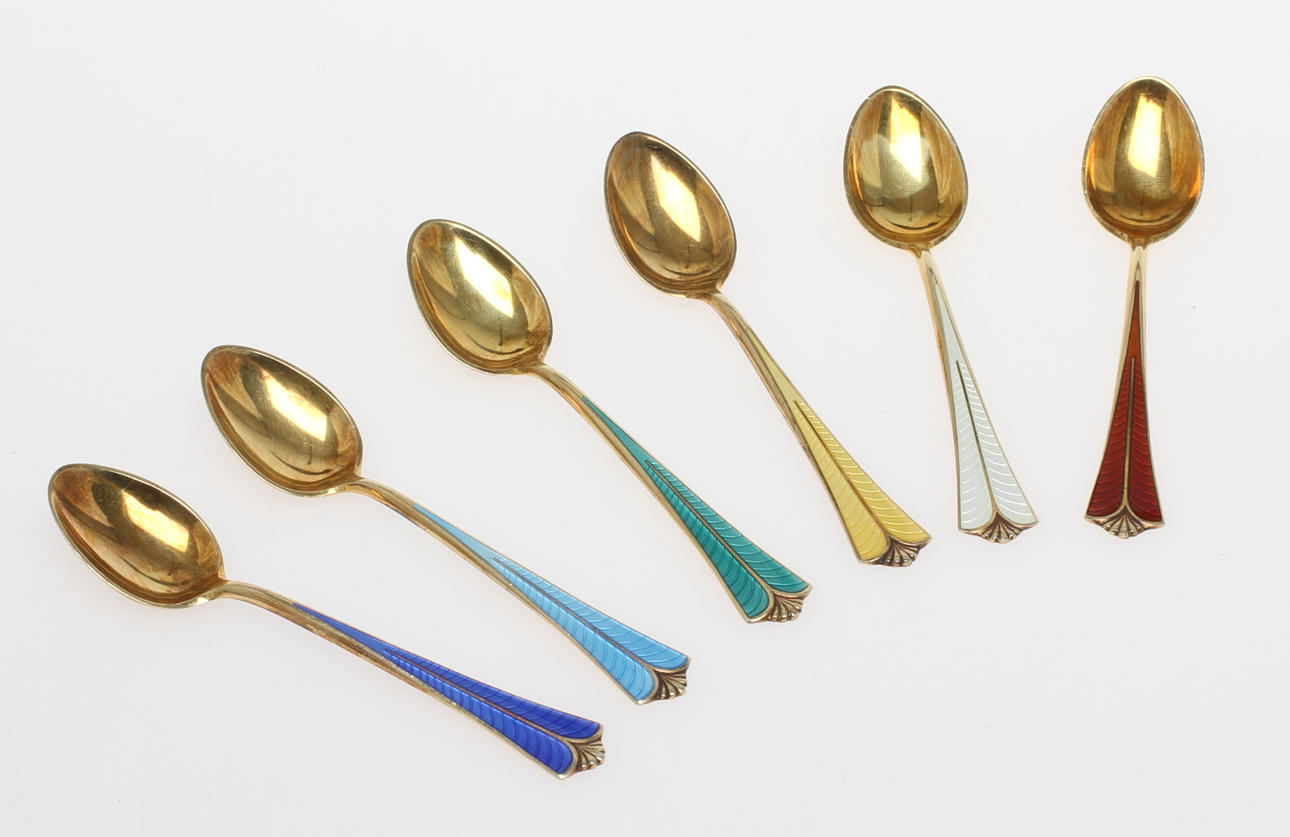 KAFFESKEDAR, 6 st, sterlingsilver, David Andersen Norge, Vikt 62 gram.