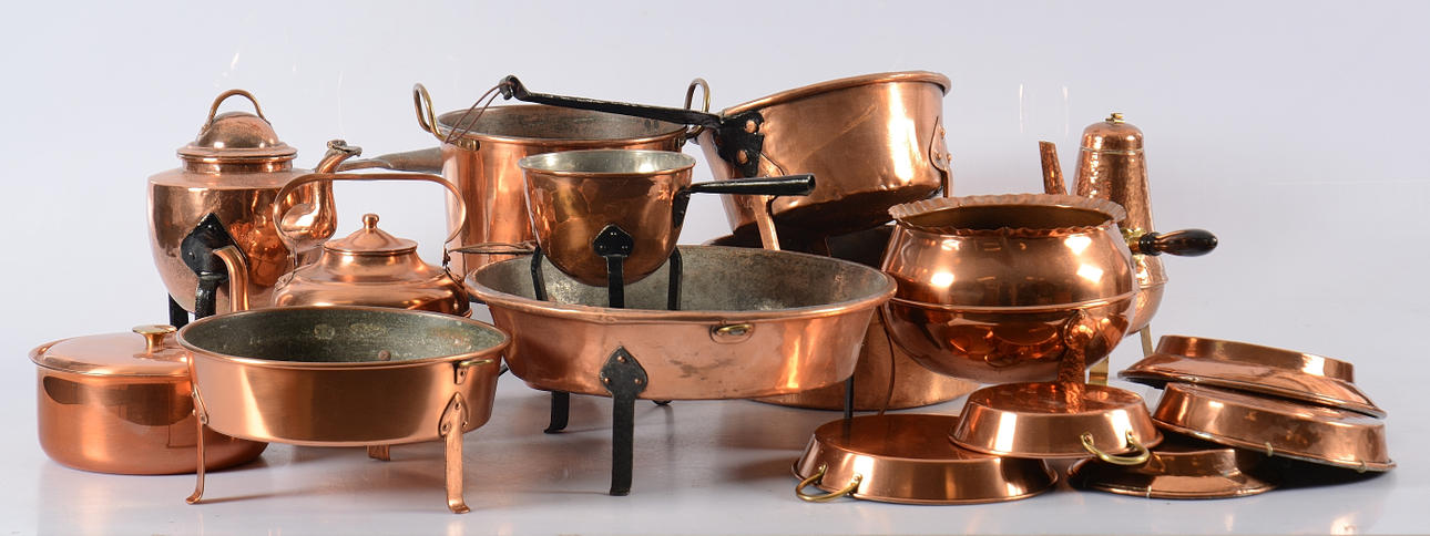 COPPER OBJECTS, 16 parts, 18/1900s.
