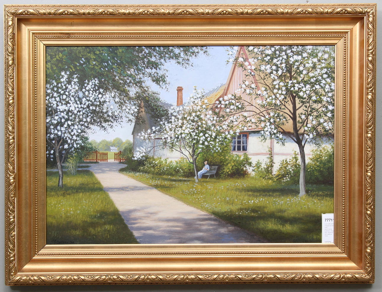 O.A CARLSON. Trädgårdsinteriör med blommande fruktträd. Olja på duk. Signerad och daterad 1924.