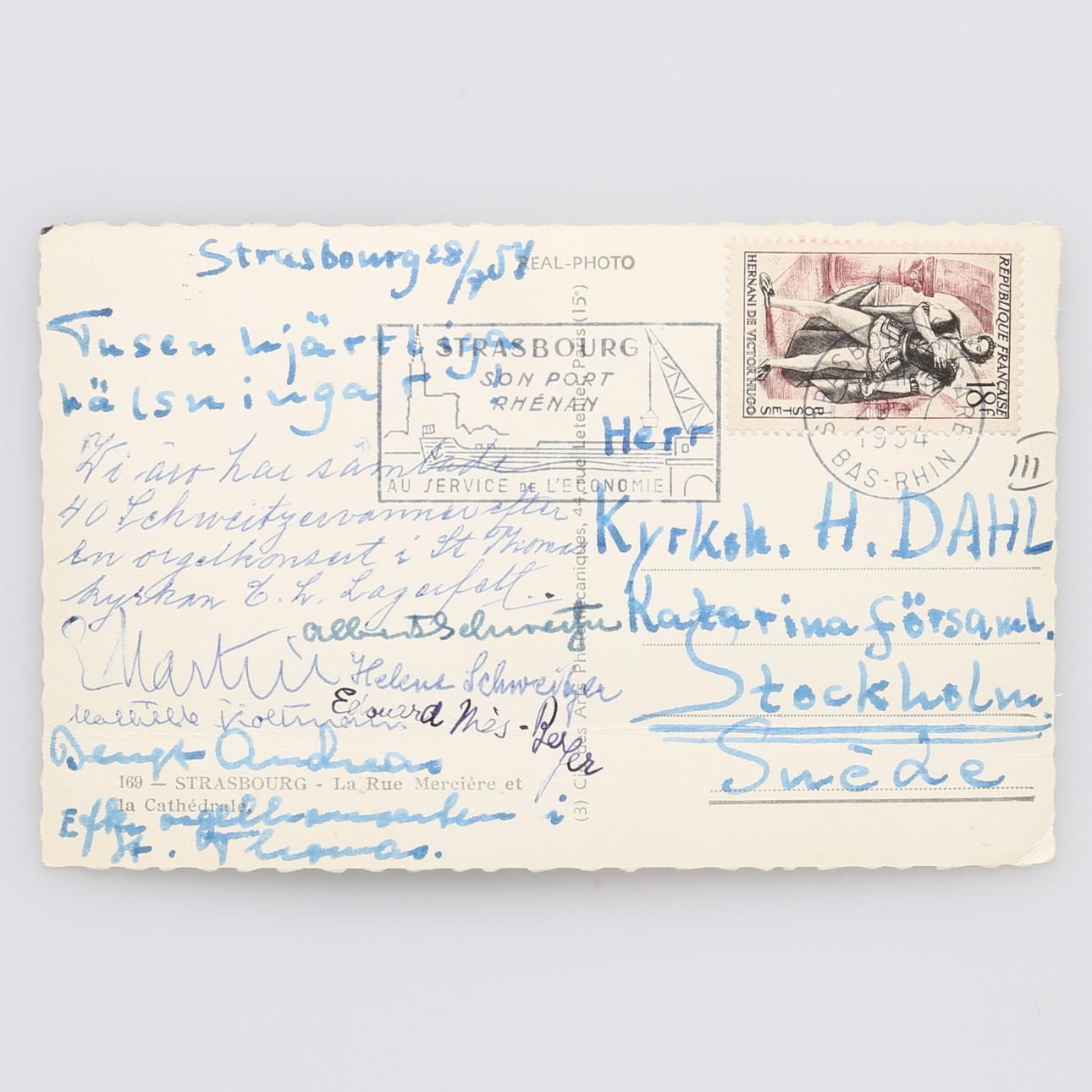 AUTOGRAF. POSTKORT MED ALBERT SCHWEITZERS SKILT.