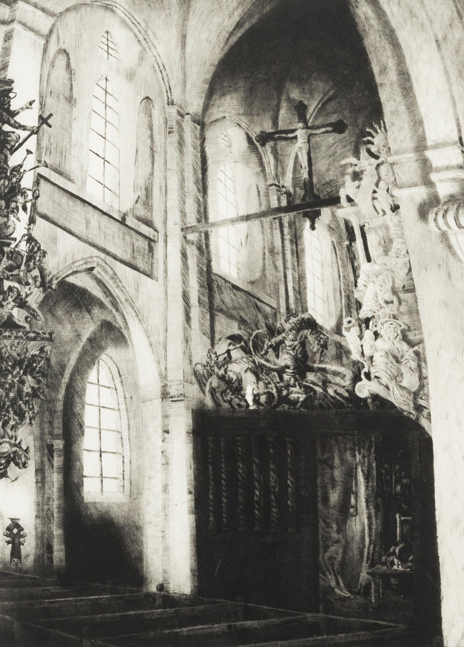 GÖRAN BILLING. Kyrkointeriör, etsning, signerad G. Billing 1985.