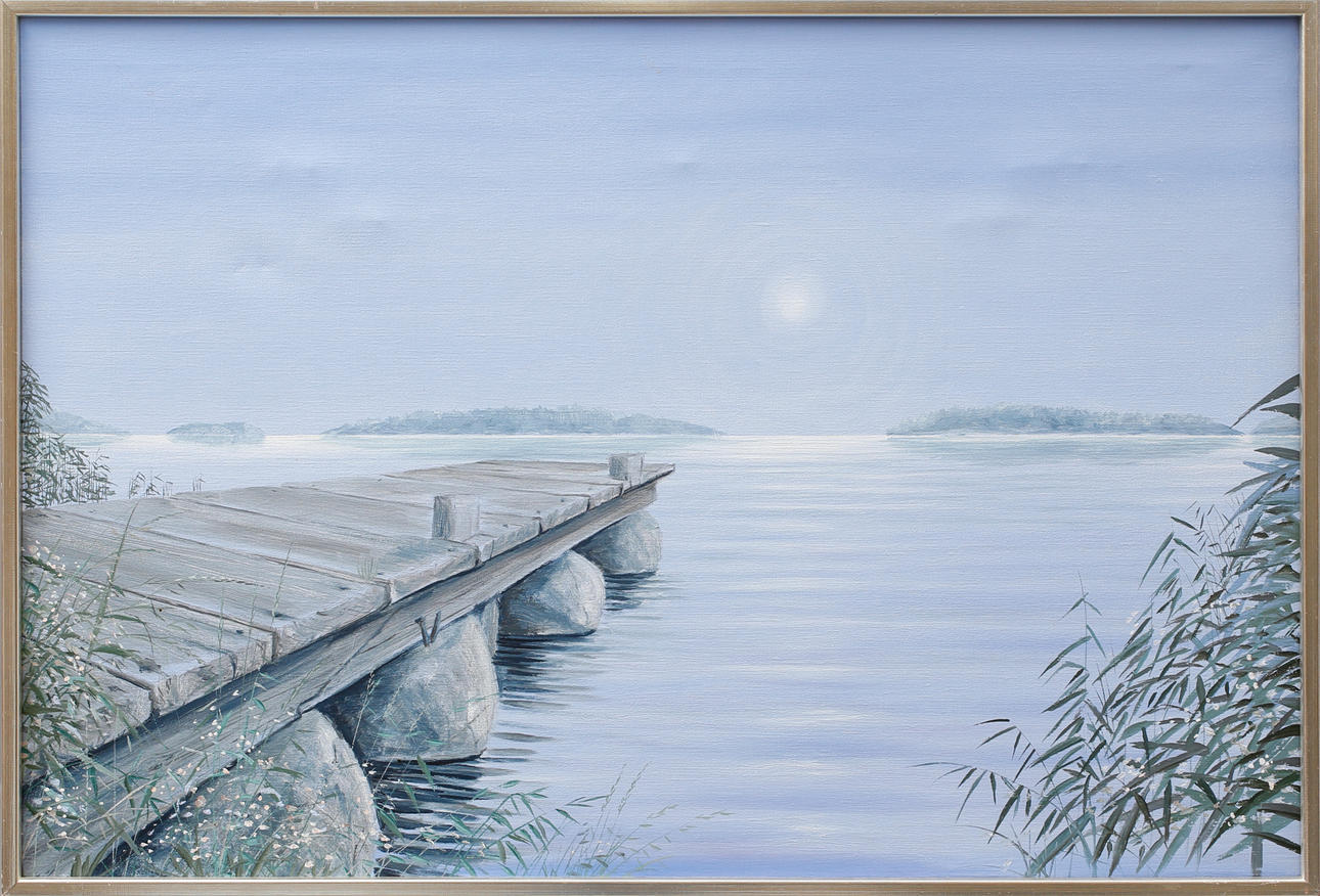 LARS GREGER LARSON. Olja på duk, brygga vid sjö.